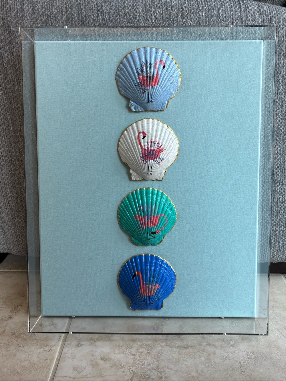 She Shells Art - Hand-Painted Seashell Art on Canvas - Aquatic Flamingo Reverie